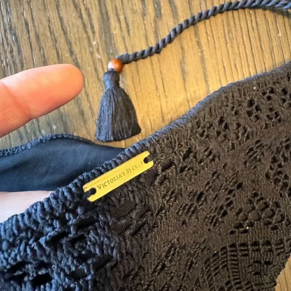 Victorias Secret Black Crocheted Side Tie Beaded Cheeky Swim Bikini Bottom Large